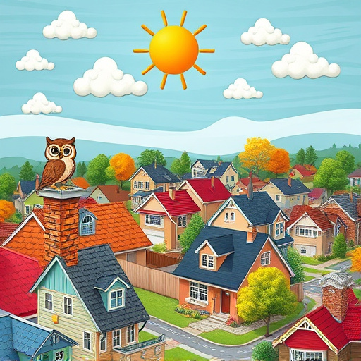A vibrant blog cover image themed around "roofing suppliers near me," featuring a colorful townscape with a variety of stylish roofs made from shingles, tiles, and metal. The skyline is an eye-catching patchwork of unique colors and textures, representing diverse roofing materials. Playful cartoon mascots include a wise owl perched on a chimney and a mischievous raccoon inspecting a roofing sample, adding a whimsical touch. The scene conveys professionalism and community spirit, with quirky details like paint buckets shaped like friendly creatures, whimsical clouds resembling hammers and nails, and a smiling sun overhead. The background features a charming suburban neighborhood with a mix of architectural styles, emphasizing diverse roofing needs. Lively trees with exaggerated colors enhance the cheerful atmosphere. The art style is Expressionistic, with bold colors—deep blues for the sky, bright greens for the grass, and rich earthy tones for the roofs—creating a dynamic and inviting scene.