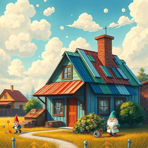 A vibrant ArtBrut-style cover image centered on the theme of "roofing metal," featuring a whimsical, abstract composition. Oversized, cartoon-like sheets of corrugated metal in shades of blue, green, and rusty red are layered playfully, creating a sense of movement above a crooked chimney of a whimsical house. The background showcases a bright sky with fluffy clouds casting shadows on the colorful roofs. Below, a patchwork of lush grass and quirky garden gnomes adds to the playful neighborhood atmosphere. Tiny gears and bolts float around, resembling whimsical bubbles that emphasize the construction theme. The eclectic color palette of warm yellows, earthy browns, and vibrant reds enhances the light-hearted and energetic mood, evoking creativity and curiosity about roofing metal while capturing a delightful balance of chaos and charm.