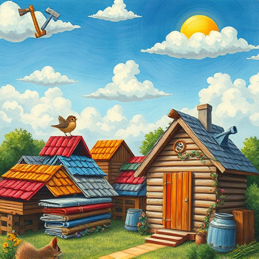 A folk art-inspired blog cover image themed around "roofing supply," featuring an intricately painted landscape. The scene showcases a whimsical assortment of roofing materials, including colorful shingles, wooden beams, and stacked metal sheets, all arranged to resemble a charming village. Above, a vast sunny sky filled with whimsical clouds in the shapes of roofing tools like hammers and nails adds a playful mood. Quirky details such as a small bird perched on a rolled-up tarp and a mischievous squirrel around a pile of roofing tiles bring liveliness to the composition. A quaint wooden shed with a brightly colored door, surrounded by climbing flowers, emphasizes a community-focused approach to roofing. The vibrant color palette of blues, greens, and earthy tones invites warmth and cheerfulness, while the folk art style enhances the handcrafted and friendly feel of the theme.