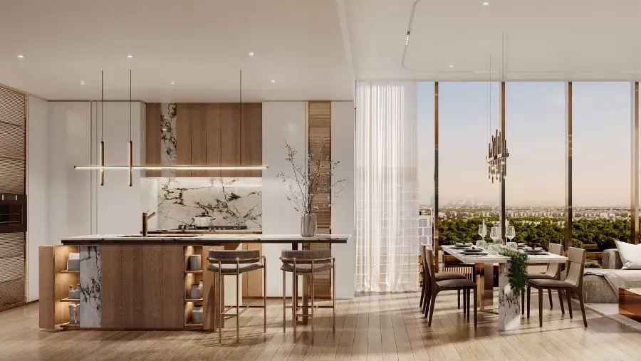Kitchen island with minimalist cabinetry