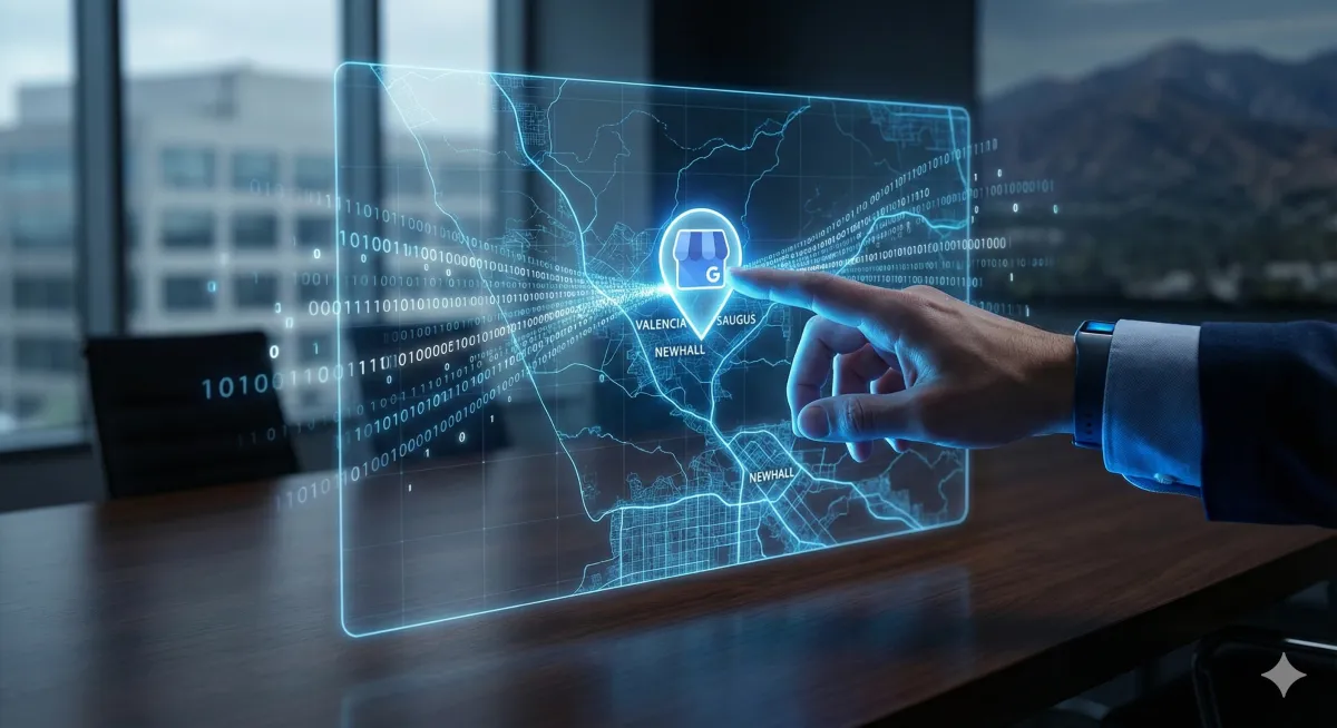 A single, sharp, professional hand (representing the "AI Growth Architect") is shown interacting with the holographic interface. The hand is placing or touching a stylized Google My Business profile pin icon directly onto the map over the Valencia/Saugus area.
