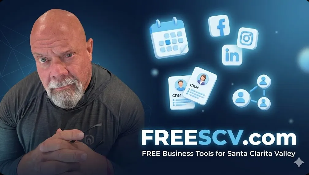 A clean, modern 16:9 marketing banner set against a professional deep navy blue gradient background. To the left is a friendly, approachable portrait of you (Connor) wearing glasses and a black shirt. On the right, floating 3D glass-morphism style icons represent business tools: a blue calendar, social media logos (Facebook, LinkedIn, Instagram), and CRM contact cards connected by network nodes. Text Elements: Headline: "FREESCV.com" in large, bold white modern typography with a subtle blue glow. Subtitle: "FREE Business Tools for Santa Clarita Valley" centered below the domain name. Mood: Tech-forward, trustworthy, and community-focused.
