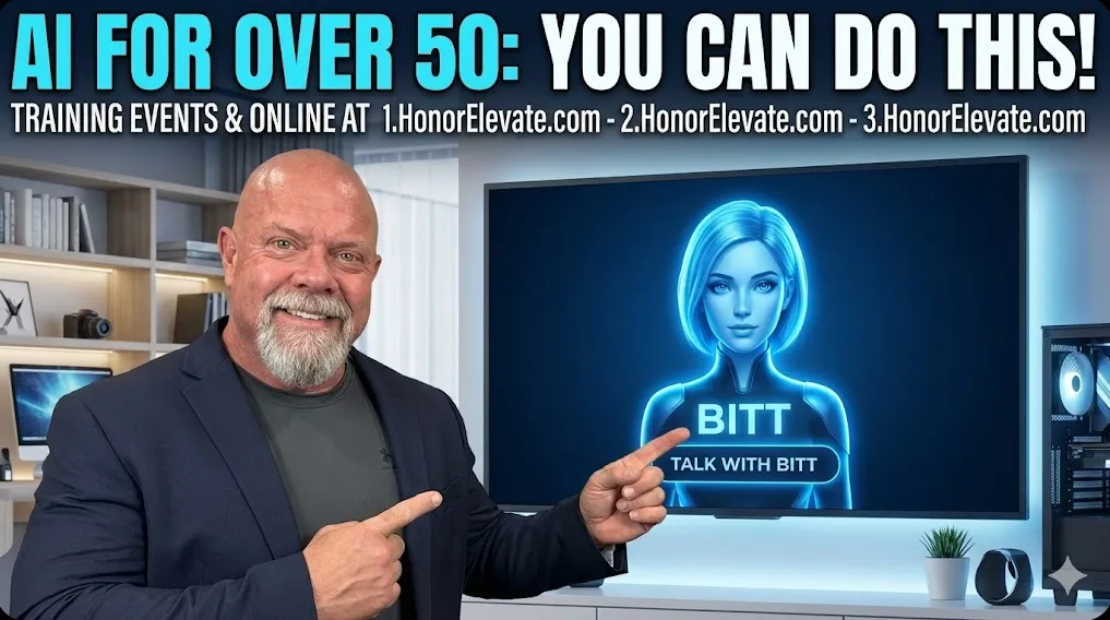 great - can you now make me a nice thumbnail for my AI for Over 50 Crowd? Training Events and online location at 1.HonorElevate.com - 2.HonorElevate.com - 3.HonorElevate.com . I'll have 17 of these, each lives on these pages. Also Talk with Bitt, she's the AI on the pages. incorporate my photo altered of course, thank you.
