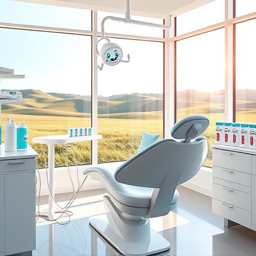Alt Text: A serene dental clinic scene themed around "Full Mouth Restoration" in South Surrey, BC. The foreground features a rich teal upholstered dental chair surrounded by vibrant potted plants, enhancing the inviting atmosphere. A wooden side table displays elegant dental tools alongside a whimsical ceramic mug filled with colorful toothbrushes, reflecting a blend of professionalism and comfort. In the background, a large window offers a panoramic view of the gentle hills and soft sky of South Surrey, suggesting tranquility. Intricate stained glass windows on the walls depict smiling molars and gleaming teeth, merging artistry with the dental theme. Handcrafted wooden shelves hold jars filled with mint leaves, lemon slices, and herbal teas, creating a refreshing ambiance. A small wooden birdhouse hangs from the ceiling, adding a quirky touch, while delicate murals of flowers and dental motifs flow across the plastered walls. The overall color palette of soothing greens, warm browns, and soft blues promotes relaxation and trust, perfect for a clinic focused on holistic dental wellness, reflecting the charm of the Arts and Crafts Movement.