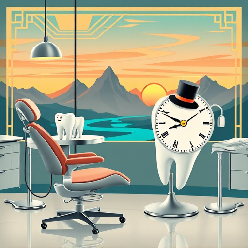 An Art Deco-inspired blog cover image themed around "Wisdom Teeth Removal in Elgin, BC," featuring a stylized dental office adorned with elegant geometric lines. The image showcases vintage dental tools, including a gleaming silver tray with oversized tooth models. A whimsical dentist's chair, characterized by intricate curves and smooth finishes, adds sophistication and playfulness. A cheerful anthropomorphic tooth, complete with a tiny top hat and monocle, lounges beside a large tooth-shaped clock humorously indicating time for a dental check-up. Surrounding the dental scene are stylized mountain silhouettes and delicate flowing rivers, representing British Columbia’s natural beauty in a pastel palette. The background features a vivid sunset sky adorned with Art Deco patterns, creating warmth and nostalgia. Soft blues, warm golds, and pastel greens enhance the calming mood, resulting in an inviting and informative cover image that is both playful and reassuring for readers considering wisdom teeth removal.