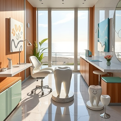 Alt text: A stunning cover image showcasing "Cosmetic Dentistry in White Rock, BC." The serene and inviting dental clinic features artistically arranged dental tools resembling finely crafted instruments within a stylish wood and marble treatment room. Delicate porcelain teeth, each uniquely painted or adorned with intricate floral patterns, are displayed elegantly instead of human figures, representing the diversity of smiles. A large window allows a gentle cascade of shimmering light to fill the space, creating an atmosphere of calm professionalism. Whimsical dental-themed artwork decorates the walls, including a canvas of a tooth with a sparkling gemstone crown and playful ceramic figurines of smiling teeth engaging in activities like reading or playing music, symbolizing the joy of dental care. The backdrop presents breathtaking views of White Rock's coastline, with gentle waves harmonizing with the theme of natural beauty. The color palette features soft pastels, creams, and hints of mint green, reflecting tranquility associated with dental health. The composition conveys sophistication and joy, perfectly representing the transformative journey of dental aesthetics.