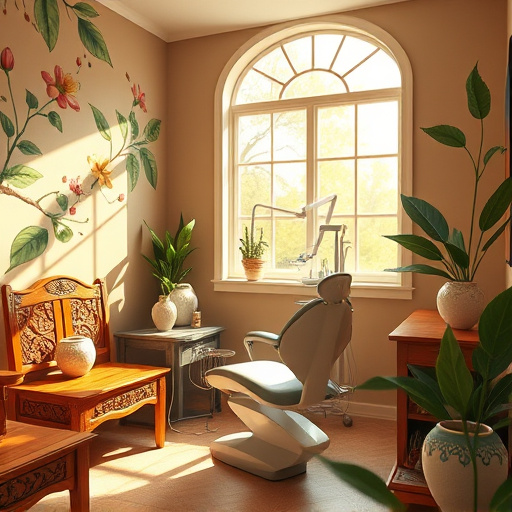 Alt Text: A serene dental clinic waiting room designed for a blog on "Affordable Dental Services in Newton, BC". The image features handcrafted wooden furniture with intricate Arts and Crafts carvings, walls adorned with hand-painted botanical motifs of lush greenery and flowers. Soft, golden sunlight streams through a large window, creating a warm and inviting atmosphere. In one corner, a whimsical dental chair is complemented by charming handmade pottery with unique glazes, reminiscent of the Pacific Northwest landscape. A playful dental-themed art piece, a sculpture of a toothbrush and smiling tooth, adds a lighthearted element. The color palette includes earthy greens, warm browns, and gentle creams, creating an approachable ambiance that conveys professionalism and warmth, while stylized leaves in the background reflect the natural beauty of Newton.