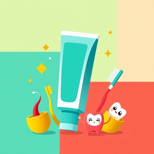 A Bauhaus-inspired blog cover image titled "How to Choose the Right Toothpaste for Gum Health," featuring a central large, stylized toothpaste tube in vibrant blocks of blue and green, symbolizing freshness. Surrounding the tube are abstract representations of gums and teeth, characterized by playful curves and cylindrical forms in contrasting yellows and deep reds, representing health and vitality. Quirky animated toothbrushes with friendly faces are joyfully brushing alongside the tube, adding whimsy appealing to both adults and children. The scene is adorned with small colorful bubbles and sparkles, symbolizing cleanliness and the joy of a bright smile. The backdrop consists of smooth color blocks transitioning from minty greens at the top to warm corals at the bottom, enhancing freshness and comfort. Subtle abstract dental tools are integrated into the design, reinforcing the dental theme. The composition uses simple flat colors with minimal shading and sharp lines, evoking the distinctive style of Bauhaus art, creating an inviting atmosphere that blends educational content with a sense of fun in the realm of dental health.