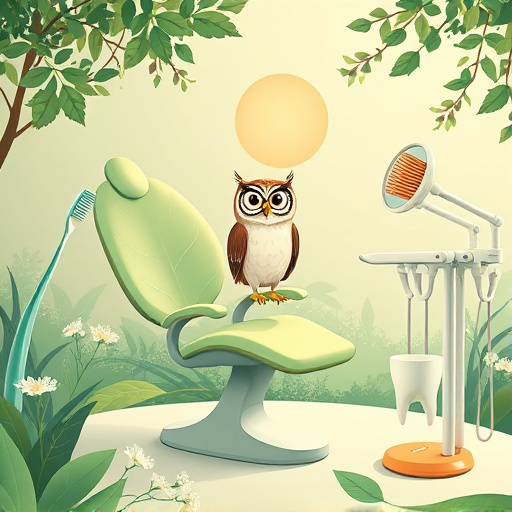 A captivating blog post cover titled "What is a Holistic Dentist?" featuring a stylized dental chair shaped like a leaf, symbolizing natural care. Surrounding the chair are innovative dental tools transformed into organic elements, such as toothbrushes designed to resemble twigs and dental mirrors reflecting sparkling water droplets. The serene atmosphere is enhanced by soft, flowing lines and gentle curves characteristic of Art Deco design. A tranquil nature scene in the background showcases lush greenery, blooming flowers, and a warm sun casting dappled light throughout the composition. Whimsical details include a friendly cartoon owl perched on a dental anatomy model, wearing spectacles and holding a toothbrush, conveying wisdom in dental care. The color palette features muted greens, soft blues, and warm golden hues, evoking tranquility and holistic health. This image effectively embodies the essence of holistic dentistry while remaining engaging and visually appealing.