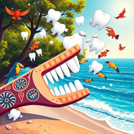 A whimsical cover image for a blog post about "Dental Crowns in Douglas, BC," featuring a charming dental clinic set against a picturesque coastal background of misty mountains and the ocean. The dental office is adorned with oversized tooth-shaped topiaries and colorful toothbrush flowers, creating a light-hearted atmosphere. The color palette includes bright, welcoming shades of soft blues, greens, and minty whites, conveying freshness and cleanliness. A smiling crown-shaped character floats among gentle clouds, surrounded by shiny gemstones resembling dental crowns that twinkle like stars. Playful elements include a whimsical signpost directing towards various dental services, constructed from giant toothpick sculptures. The overall tone is cheerful and inviting, promoting a sense of comfort and care associated with dental health. The visionary art style adds an otherworldly charm, captivating the audience's interest.