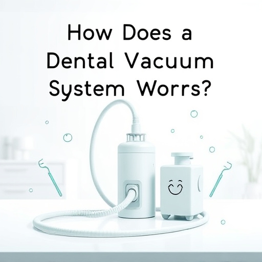Alt text: "Blog cover image illustrating 'How Does a Dental Vacuum System Work?' featuring a minimalist design of a dental vacuum system with highlighted components such as a suction hose, collection canister, and motor. The arrangement is balanced and emphasizes functionality in a professional yet approachable style. The serene background suggests a dental office in soft white and light blue tones, promoting a calm atmosphere. Abstract line drawings of dental tools intertwine with the vacuum system, signaling its connection to dental care. Quirky details include tiny bubbles around the system and a whimsical smiley face on the collection canister, adding a friendly touch. The light color palette of whites, soft blues, and hints of mint green conveys cleanliness and professionalism, while the absence of human figures focuses attention on the vacuum system’s mechanics."