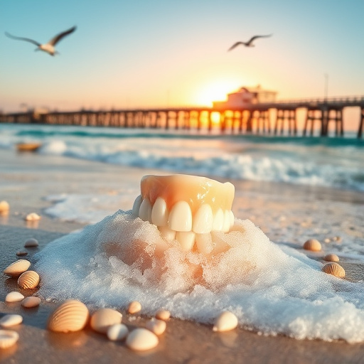 Alt text: A captivating blog cover image for "Teeth Whitening White Rock, BC," featuring a pristine beach scene with perfectly white teeth nestled between gentle ocean waves. The gleaming teeth symbolize a bright, confident smile. Surrounding them are delicate sea foam splashes and glossy seashells, hinting at local marine life. Above, a clear blue sky transitions into soft sunset hues, casting warm golden light over the scene. In the background, the iconic White Rock pier stretches over the water, with silhouettes of seagulls in flight. A playful dolphin leaps from the water, reflecting vibrant blues and silvers in the sunset light. The color palette includes creamy whites, soft blues, and sandy beiges, creating a calm, inviting atmosphere that evokes relaxation, cleanliness, and confidence associated with dental care. The overall composition is cohesive and visually appealing, enticing readers to explore the realm of effective and aesthetic oral care.