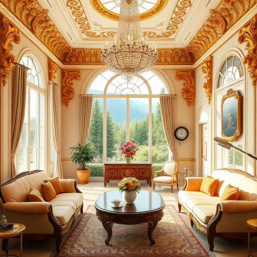 A lavish Baroque-style dental clinic in Grandview Heights, BC, featuring an intricately designed reception area with ornate gold-leaf moldings and rich fabrics over antique furniture. Gleaming chandeliers illuminate the space, creating a warm, inviting ambiance. The walls are decorated with classical murals of playful scenes with smiling teeth and whimsical toothbrushes amid lush gardens. Charming animated dental tools, like beaming tooth fairy instruments and cheerful toothpaste tubes, engage joyfully, adding a friendly vibe. The calming color palette of soft creams, warm golds, and subtle greens enhances relaxation. Large windows offer serene views of Grandview Heights’ landscape, while colorful plants in ornate pots and dental-themed decor, like coffee cups and a tooth-shaped wall clock, infuse character and whimsy into this sophisticated clinic environment.