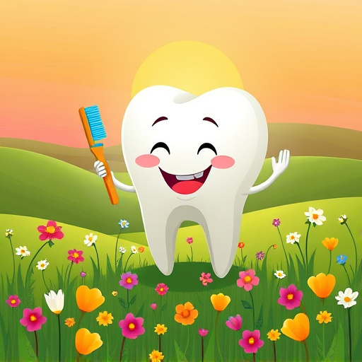 Alt text: A whimsical dental clinic in a lush British Columbia forest, featuring oversized tooth-shaped architecture with floral carvings inspired by Traditional African Art. The image showcases a vibrant color palette of soft greens, blues, and striking yellows and reds, creating a cheerful mood. In the foreground, rain droplets shaped like dental tools fall amidst bushes blooming with flowers resembling toothbrushes and dental floss, with a vibrant parrot nesting on a toothbrush flower. The backdrop highlights towering evergreens and gentle hills, emphasizing the serene beauty of Fern Ridge, suggesting a calming and inviting environment for dental care.