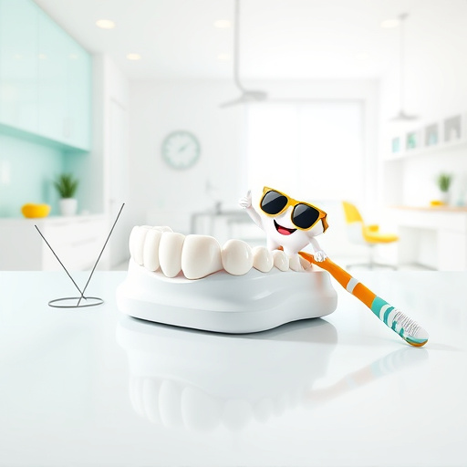 A vibrant blog cover image themed "Dentures Guildford, BC," featuring an oversized, stylized denture set resting on a sleek modern surface. The scene includes playful elements like a toothpaste tube cap shaped like a friendly smile and a whimsical toothbrush with an exaggerated design leaning against the denture. Abstract geometric shapes and lines characteristic of the Bauhaus style surround these elements, creating a dynamic composition that suggests movement. The environment resembles a clean, bright dental clinic with minimalistic furniture and artfully arranged dental tools, emphasizing a modern design. A tiny cartoonish tooth character peeks from behind the denture, giving a thumbs-up and wearing oversized sunglasses. The color palette consists of calming shades of teal, light gray, and soft white, accented with bright yellow, conveying a cheerful yet professional vibe. A light gradient in the background adds depth while ensuring the main elements stand out vibrantly.
