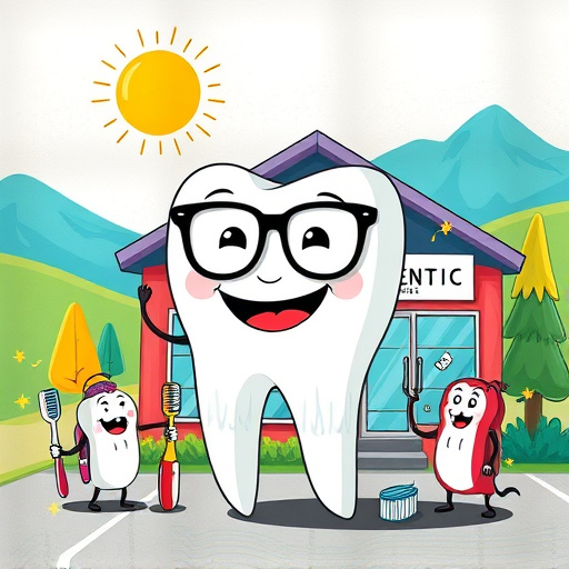 A colorful street art-style illustration depicting the theme "Family Dentist in Douglas, BC." The image features a whimsical, oversized tooth character with a big, friendly smile, wearing oversized glasses and a bow tie, standing in front of a vibrant dental clinic. Surrounding the tooth are animated dental tools like toothbrushes and floss, personified as playful creatures engaging joyfully, complemented by a cheerful sun shining above. Quirky details include a tooth fairy fluttering nearby, dispersing sparkles, and a cartoon-style dental hygiene chart on the clinic wall with exaggerated dental facts. The background showcases stylized hills and trees, hinting at the majestic mountains of British Columbia, all illustrated in bright shades of turquoise, sunny yellow, and soft greens to create a playful, inviting atmosphere. Urban street art elements, such as graffiti-style designs and textures, enhance the lively energy of the scene, promoting a sense of community and a positive perspective on dental health for families in Douglas, BC.