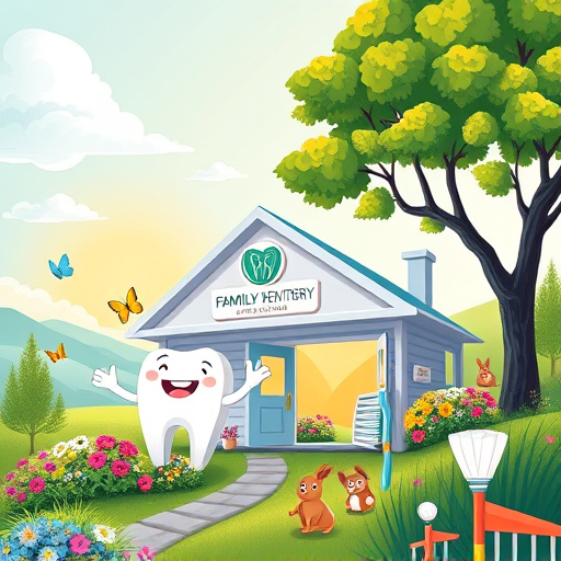 A whimsical and inviting illustration of a dental clinic in Rosemary Heights Central, BC, showcasing the theme of "Same-day dental service." The charming, cartoonish exterior features a bright, oversized tooth-shaped sign and playful dental tools such as cartoon-styled toothbrushes and toothpaste tubes scattered around. The welcoming façade is adorned with large windows displaying vibrant potted plants and friendly animal mascots, including a smiling tooth fairy and a cheerful cartoon dog wearing a dentist hat, emphasizing a comforting atmosphere. The light-hearted tone is reflected in quirky details like a whimsical cloud-shaped waiting area filled with oversized plush dental chairs and a colorful dental chart with expressive, smiling teeth. The serene background depicts a park with soft rolling hills and a bright blue sky dotted with fluffy clouds, creating an inviting environment for families. The DigitalArt style is characterized by smooth lines and vibrant colors like mint green, sunny yellow, and soft pastels, enhancing the fun and uplifting mood of the scene, making it an engaging visual representation of friendly dental services in Rosemary Heights Central.