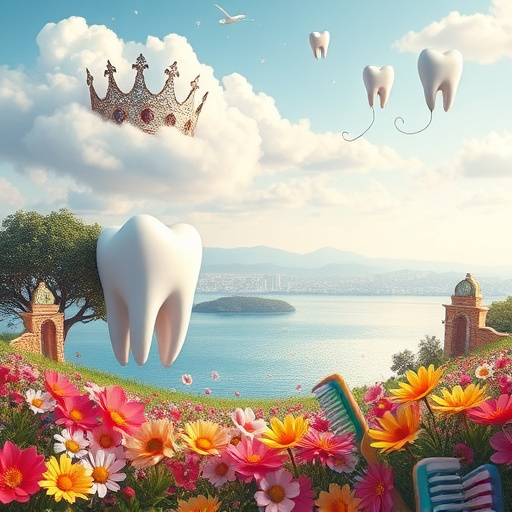 A surreal blog cover image depicting "Dental Crowns in Morgan Heights, BC." The whimsical dental landscape features oversized, sparkling dental crowns floating among fluffy clouds shaped like tooth fairies. The ethereal garden is filled with colorful tooth-shaped flowers and vibrant, oversized toothbrushes resembling trees with rainbow-colored bristles. The playful mood is enhanced by tiny animated toothpaste tubes dancing joyfully among the flowers, leaving trails of minty freshness. In the background, a dreamlike skyline of Morgan Heights presents gentle hills and a shimmering lake reflecting the crowns above. The pastel color palette includes soft blues, warm pinks, and gentle greens, creating a calm yet cheerful ambiance. Cartoonish molar balloons float lazily in the breeze, emphasizing the fun and enchanting aspects of dental care.