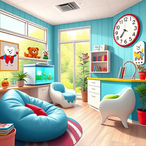 Alt Text: A vibrant blog cover image illustrating the theme "Best Pediatric Dentist Elgin, BC." The scene features a whimsical children’s dental office with colorful walls adorned with playful murals of friendly tooth characters, smiling animals holding toothbrushes, and bright dental tools. A cozy waiting area is depicted with oversized bean bags and children's books on low shelves, while a cheerful fish tank glows in the corner. Unique details include a large cartoonish tooth-shaped reception chair, a whimsical dental hygiene poster with a superhero toothbrush, and a colorful toothbrush clock. The background shows a sunny day outside the clinic with friendly animals peeking through the windows, enhancing the playful and welcoming atmosphere aimed at promoting dental health for kids and parents. The art style is realistic with a vibrant color palette of blue, yellow, and green, creating a joyful and approachable visual for families seeking pediatric dental care.