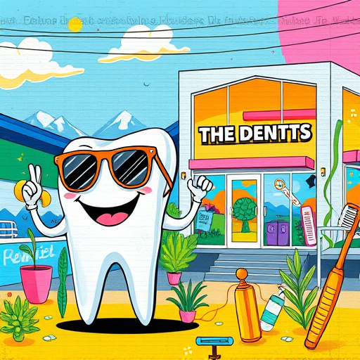Alt Text: A modern orthodontic office in Morgan Heights, BC, featuring sleek white cabinetry and vibrant green potted plants, creating a clean and professional atmosphere. Colorful dental braces in metallic and pastel hues hang from a whimsical tooth-shaped display. A stylish orthodontic chair with a calming blue cushion occupies the foreground. A playful wall mural with animated tooth characters and humorous speech bubbles adds a fun touch, with no human figures present. Sunlight filters through large windows, illuminating the polished floor and enhancing a warm, inviting ambiance. In the background, a chalkboard displays hand-drawn dental tips and fun facts, highlighting the clinic’s friendly personality. The overall scene showcases a peaceful color palette of soft pastels and vibrant greens, promoting orthodontic services as an enjoyable experience.
