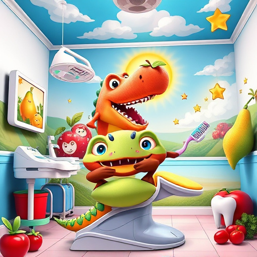 A vibrant dental office in Guildford, BC, features a whimsical clinic with exaggerated curves and bright colors. The exterior is adorned with oversized dental instruments like toothbrushes and mirrors. Large windows reveal a playful yet sophisticated interior with smiling cartoonish teeth, contributing to a friendly atmosphere. Colorful flowers in oversized pots surround the building, while butterflies flutter about, enhancing the joyful scene. In the foreground, an oversized tooth wears a superhero cape, symbolizing the clinic's health-promoting mission, alongside a friendly cactus with dental floss as a belt. A bright blue sky with fluffy white clouds provides a cheerful backdrop, with a nearby park setting showcasing oversized playground equipment styled as dental items, inviting families to enjoy their wait. The Expressionist art style features bold brush strokes and a color palette of cheerful yellows, soft blues, bright greens, and pops of red, conveying warmth and community. This engaging composition captures the welcoming essence of the dental office, encouraging families and individuals to embrace their oral health journey in a fun and inviting environment.