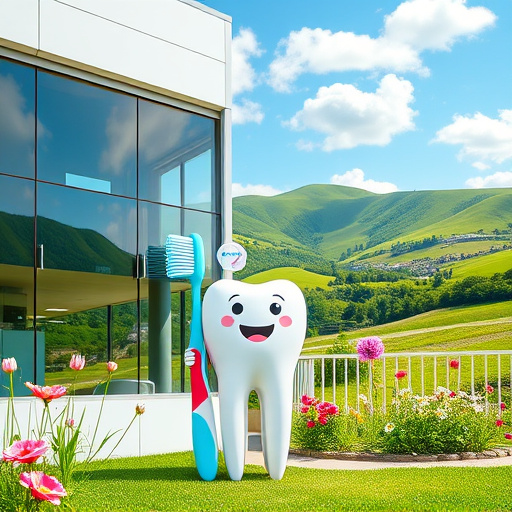 A hyperrealistic blog cover image depicting dental hygiene in Morgan Heights, BC. The scene features a pristine dental clinic facade with large, gleaming windows reflecting the lush greenery. In the foreground, an oversized toothbrush leans against a vibrant tube of toothpaste, showcasing detailed textures and colors. Surrounding this arrangement are playful dental-themed decorations, including a smiling tooth mascot and colorful toothbrushes, creating a fun atmosphere. Quirky animated tooth fairy illustrations flutter around the clinic, enhancing the magical feel. The background shows a sunny day with fluffy clouds against a blue sky, while the verdant hills of Morgan Heights are adorned with blooming wildflowers, symbolizing health and beauty. The color palette features soft pastels blended with bright, cheerful tones, evoking warmth and friendliness, aimed at encouraging a positive approach to dental care.