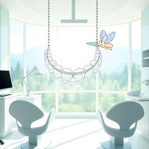 A serene dental clinic in Fern Ridge, BC, featuring a modern treatment room with sleek white dental chairs and large windows that allow natural light to fill the space, creating a warm atmosphere. The focal point is an imaginative display of clear aligners, artistically arranged like a necklace, illuminated by a soft glow. Playful cartoon tooth characters, each with unique expressions—from broad smiles to joyful giggles—represent the positive effects of Invisalign treatments. A whimsical tooth fairy with butterfly wings flits through the scene, leaving sparkling trails of magic. The soothing color palette includes blues and soft greens, accented by cheerful whites and pastels, promoting a sense of calm. In the background, subtle mountain outlines reflect the stunning British Columbia landscape, merging the dental theme with nature. The overall mood is uplifting and playful, inviting visitors seeking orthodontic care.