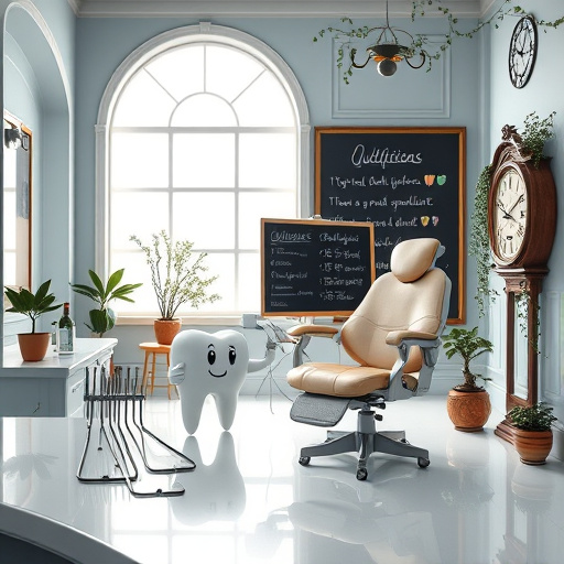 Alt text: A detailed dental clinic interior with a polished counter showcasing various dental instruments. The room is softly lit in earth tones and gentle blues, featuring classic Renaissance details like arches and floral motifs. A whimsical tooth character with a smile bounces beside a luxurious velvet-upholstered dental chair resembling a throne. In the background, a chalkboard displays humorous dental doodles. The space is enriched by potted plants, cascading vines, and an antique clock, emphasizing care and precision in dentistry. The composition blends artistic architecture and calming colors, inviting viewers into a professional and welcoming environment that showcases the qualifications of dental specialists.