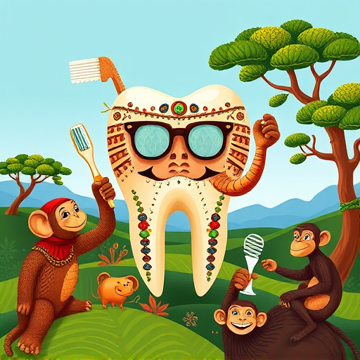 A vibrant traditional African art piece illustrating the theme of "Same-day dental service South Surrey, BC." At the center, a large, intricately decorated tooth adorned with tribal patterns symbolizes dental health. Surrounding the tooth are fantastical dental tools made from natural materials like wood and bone, embellished with colorful beads and carvings. Quirky details include a cheerful elephant wearing oversized glasses and holding a toothbrush with its trunk, while a playful monkey juggles dental floss, adding whimsy to the composition. The serene background features rolling green hills and a peaceful blue sky, with patterns mimicking gentle waves. Stylized trees in bold colors of deep greens, rich browns, and hints of bright yellows and reds evoke a warm, welcoming atmosphere. The earthy color palette, with vibrant splashes, reflects a community-focused approach to dental care. This artwork blends tradition with modern service, inviting viewers into a joyful and creative interpretation of dental health, perfect for a blog cover promoting same-day dental services.