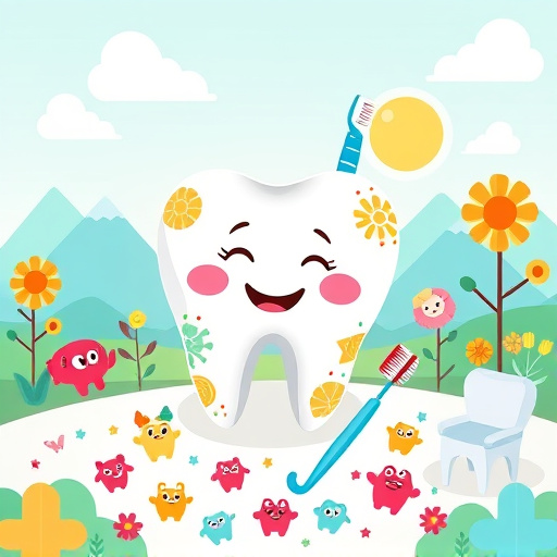 A vibrant and charming cover image for a blog titled "Best Pediatric Dentist South Surrey, BC." The central focus is an oversized, cheerful tooth character decorated with colorful patterns inspired by Pre-Columbian art, featuring geometric designs and stylized motifs. Surrounding the tooth are whimsical dental tools resembling animals, including playful toothbrushes and toothpaste tubes, adding a touch of curiosity. The mood is light-hearted and inviting, promoting joy and comfort in dental care for both children and parents. The background showcases a sunlit scene of South Surrey with stylized mountains and trees in a Pre-Columbian style. Cheerful flora, including expressive flowers and suns, enhance the friendly atmosphere with soft pastel hues of turquoise, warm yellows, and lively pinks. Quirky details like small, smiling sea creatures peek out from cartoonish clouds, enriching the playful theme. Elements of a whimsical dental office are incorporated, such as tooth-shaped chairs and a giant toothbrush. Overall, the image conveys a sense of comfort and excitement, encouraging South Surrey families to approach their dental care with confidence and smiles.