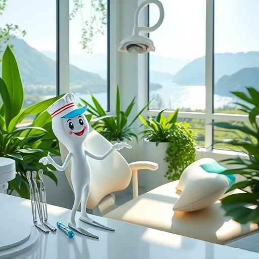 A soothing blog cover image depicting "Root Canal Services in Panorama Ridge, BC." The scene features a serene dental office bathed in soft, natural light from large windows. Polished dental instruments are artfully arranged on a wooden table, while an ornate, comfortable dental chair takes center stage in the foreground. The backdrop reveals calming green mountains through the window, enhancing a sense of a healthy environment. A playful tooth-shaped plant pot with a small succulent adds a quirky detail on the desk. A framed certificate hangs on the wall, showcasing the dental team's conference attendance, complemented by whimsical cartoons of animated teeth. The walls are adorned with abstract art inspired by dental themes, featuring swirling shapes in soft pastel hues. The color palette combines calming blues and greens with warm wooden tones, creating an inviting and professional atmosphere. The image conveys expertise and comfort, appealing to potential clients seeking dental care in a picturesque setting.