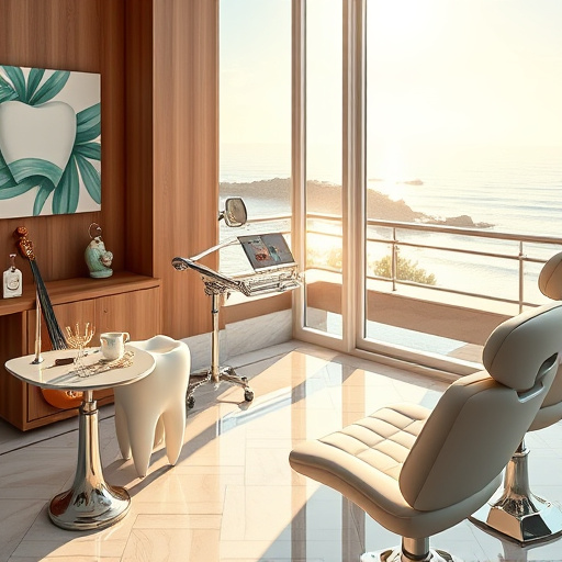 Alt text: A serene dental clinic inspired by High Renaissance artistry features an ornate dental chair draped in rich fabrics, surrounded by lush greenery and vibrant flowers, symbolizing health. The dental chair sits at the center of the image, accompanied by glimmering dental tools arranged like precious artifacts, reflecting warm light. Soft lighting casts gentle shadows, creating a calming atmosphere. Above, whimsical tooth-shaped clouds float, while a charming rabbit peeks from behind a pot, adding a playful touch. The background showcases a fantastical landscape with rolling hills and oversized dental-themed flowers, including bright white daisies and sunflower-like blooms, embodying clean teeth and oral health. The color palette blends soft pastels and rich earth tones, evoking tranquility and optimism, promoting the importance of dental implants and oral health in an artistic and inviting manner.