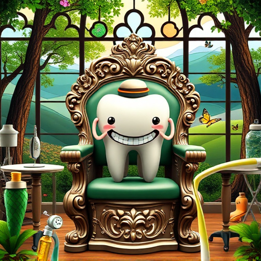 A serene dental office inspired by Renaissance art, set in Rosemary Heights, Central BC. The centerpiece is an ornate dental chair resembling a throne, featuring intricate carvings of flora and fauna. Seated in the chair is a large, sparkling set of oversized teeth, detailed with reflections as soft natural light filters through stained-glass windows depicting vibrant dental hygiene themes. Surrounding the chair are whimsical dental tools personified as woodland creatures: a smiling toothbrush with a hat, a cheerful floss dispenser with arms, and a mouthwash container that resembles a friendly potion bottle. The scene exudes tranquility and invites a lighthearted approach to dental care. A cascading mural of verdant trees and gentle hills reflects the BC landscape, while playful details like butterflies and a nearby stream enhance the whimsical atmosphere. The color palette includes deep greens, soft golds, and subtle blues, merging Renaissance elements with a modern dental aesthetic, all illuminated by soft, natural lighting that highlights the textures and creative details.