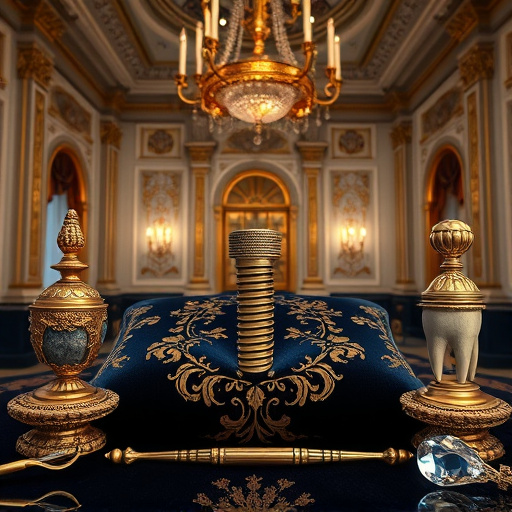 Close-up of an intricately designed dental crown resting on a plush, velvety cushion with whimsical garden patterns, featuring dental motifs like toothbrushes and floss. Surrounding the crown are shimmering dental tools, enhancing the artistic presentation. The scene is illuminated by soft, radiant light that highlights the crown's craftsmanship amid a serene, pastel-colored dental clinic background, subtly decorated with green plants and calming artworks. Whimsical elements include tiny smiling toothpaste tubes and glimmering dental mirrors positioned around the periphery. The overall composition exudes warmth, reassurance, and creativity, with a color palette of soft whites, pastel blues, and gentle greens, creating an inviting atmosphere that reflects excellence in dental care in Cloverdale, BC.