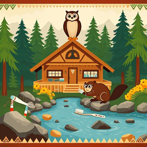 Alt text: A visually striking blog cover image depicting dental health, centered around a dentist's practice in Panorama Ridge, BC. The foreground showcases a grand, ornate dental chair with Baroque elegance, featuring intricate gold leaf designs and plush, deep green velvet upholstery. Playful elements include oversized toothbrushes and sparkling dental tools arranged like an art installation. The warm color palette of rich golds, deep greens, and soft creams creates a sophisticated yet inviting mood. The background reveals serene British Columbia landscapes with majestic mountains and lush forests visible through large arched windows, illuminated by gentle light that highlights ornate ceiling moldings. Quirky details such as artwork of smiling anthropomorphic animals, a vintage hourglass filled with colorful sand, and a vibrant potted plant contribute to the cozy sanctuary feel, embodying care, comfort, and expertise in dental health.