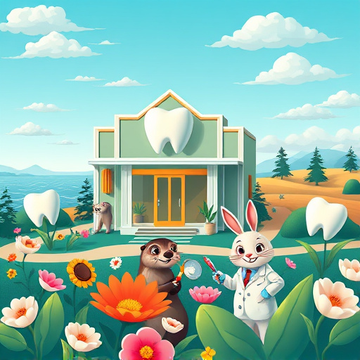 A vibrant Art Deco style illustration for a blog cover image titled "Best Pediatric Dentist in Mud Bay, BC." The central element features a whimsical dental clinic with sleek geometric patterns, a welcoming facade adorned with oversized tooth motifs, and playful dental-themed sculptures like cheerful toothbrushes and smiling teeth. In the foreground, a colorful garden blooms with oversized flowers resembling dental tools, creating a light-hearted atmosphere. Cartoonish animals, including an otter with a dental mirror and a rabbit in a tiny dentist’s coat examining a large molar, add a playful tone. The background showcases softly rolling hills under a serene blue sky with fluffy clouds shaped like teeth, along with subtle hints of Mud Bay's coastal scenery, such as gentle waves and distant pine trees. The rich teal and gold color palette enhances the inviting, sophisticated ambiance that embodies pediatric dentistry, appealing to families seeking quality dental care in the area.