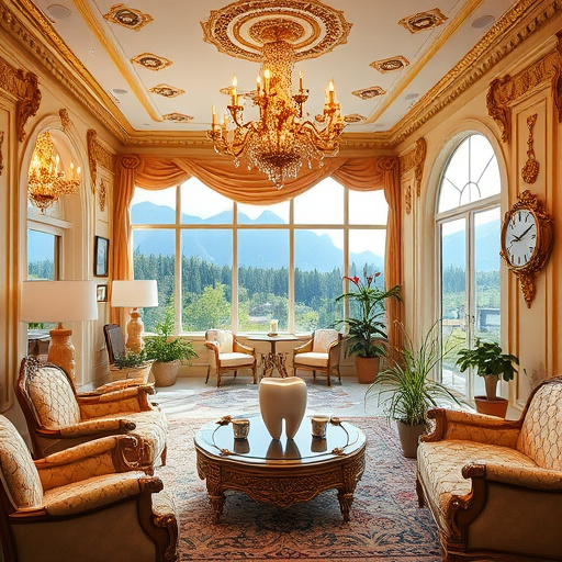 Alt Text: "Baroque-inspired blog cover image for an emergency dentist in Newton, BC. The elegant dental office features ornate gilded walls, classical 18th-century dental tools, and lavish chandeliers casting warm light. A grand wooden dental chair is centrally positioned among vintage instruments on velvet-draped tables. A playful tooth character with a crown peeks from behind a green plant, adding whimsy. An oversized clock indicates late hours, emphasizing the 'open now' urgency. A window showcases Newton's lush greenery under a twilight sky. Rich golds and deep blues create a luxurious atmosphere, while delicate floral motifs and a tiny tooth fairy silhouette enrich the scene with themes of care and renewal, inviting a comforting yet amusing experience for patients."