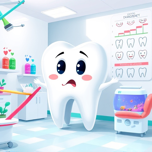 A vibrant digital art blog cover image captures the essence of "What is considered a dental emergency?" at the center is a whimsical cartoonish tooth character with expressive eyes, displaying a slightly worried demeanor. It is surrounded by playful depictions of common dental emergencies, including a giant toothbrush battling a plaque monster, colorful dental tools dancing around, and a gleaming dental X-ray revealing a mischievous cavity with tiny sparkles of alarm. The image's lighthearted and engaging mood invites readers to explore the topic with a smile. A soothing color palette of bright whites, cheerful blues, and friendly pinks establishes a welcoming atmosphere. In the background, there are dental-themed decor elements, such as a quirky waiting room filled with dental magazines, a small aquarium featuring fish in dentist attire, and a chart displaying toothy smiles that correspond to various dental issues. This enchanting scene encourages curiosity and balances the seriousness of dental emergencies with humor, creating a natural flow that guides the viewer's eye through the composition.