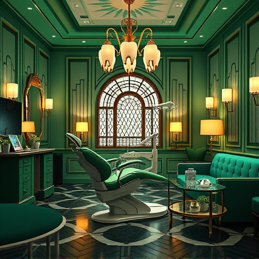 Alt Text: A captivating Art Deco-inspired blog cover image showcasing a luxurious cosmetic dentist's office. At the center, a gleaming dental chair with elegant curves and intricate detailing symbolizes high-end beauty treatments. Surrounding the chair are oversized, whimsical dental tools like a vintage mirror and delicate porcelain dental models, creating a playful atmosphere. The background features a lavish waiting area adorned with plush seating and Art Deco architecture, enhanced by soft, ambient lighting that conveys a calm, inviting vibe. Quirky details include small potted succulents with humorous expressions on a glass coffee table, adding charm to the scene. Above, a chandelier crafted from stylized teeth offers a classy yet humorous touch, while bold lines and intricate motifs such as starbursts and chevrons emphasize the classic Art Deco design, binding the composition together and exuding luxury, comfort, and an innovative approach to dental aesthetics.