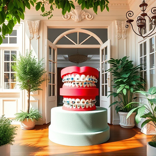 A serene dental office in Fern Ridge, BC, featuring a polished set of dentures on a gleaming surface, complemented by a delicate backdrop of lush green ferns and vibrant wildflowers. The atmosphere exudes calm professionalism, reassuring viewers about dental health. Subtle reflections on the dentures highlight their detail and craftsmanship, contributing to a tranquil ambiance. A whimsical tooth fairy figurine peeks from behind the ferns, adding a playful touch. Large windows reveal stunning mountain views, with soft sunlight filtering in, enhancing the enchanting environment. The color palette of soft greens, warm whites, and tranquil blues evokes feelings of cleanliness and serenity, embodying the essence of compassionate dental care in a picturesque natural setting.