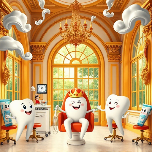 Alt text: A Baroque-inspired dental clinic scene emphasizing "Emergency Dentist in Surrey, BC," features ornate architecture with grand archways and golden embellishments. The focus is on whimsical dental tools and fantastical tooth characters showing surprise and relief. A crowned tooth character relaxes in a royal throne-like dental chair, surrounded by oversized pastel toothbrushes and toothpaste tubes, symbolizing dental care urgency. A tiny pocket watch from a chandelier represents emergency attention, while a small dental hygienist elf humorously polishes equipment. The artwork blends lightheartedness with professionalism in a calm ambiance of soft blue and white swirling clouds, with hints of greenery outside the windows. The color palette includes warm golds, soft pastels, and deep blues, enhancing the luxurious feel and playful charm of the dental theme.