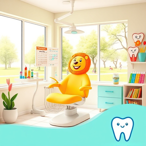 A colorful blog cover image for "Pediatric Dentist Near Me" depicts a welcoming dental clinic designed for children. At the center, a cheerful dental chair shaped like a friendly lion invites kids to sit comfortably. Surrounding the chair are oversized, toy-like dental tools, including brightly colored toothbrushes and floss containers resembling candy wrappers. The clinic's walls feature whimsical murals of smiling teeth in glasses and cartoon animals enjoying healthy snacks, fostering an engaging environment. Quirky elements include a calendar labeled “Sweet Smile Days” and a jar filled with gold star stickers for children’s rewards. A small bookshelf brims with vibrant storybooks about dental hygiene, encouraging children's learning. Large windows in the background allow natural light to flood the space, showcasing a sunny park with trees and children playing, reflecting a joyful community atmosphere. The warm color palette of soft pastels—mint green, sky blue, and sunshine yellow—creates a calming yet cheerful ambiance, ideal for a pediatric dental office. A playful logo of a stylized tooth with a big smile sits in the bottom corner, emphasizing the friendly and professional spirit of the practice.