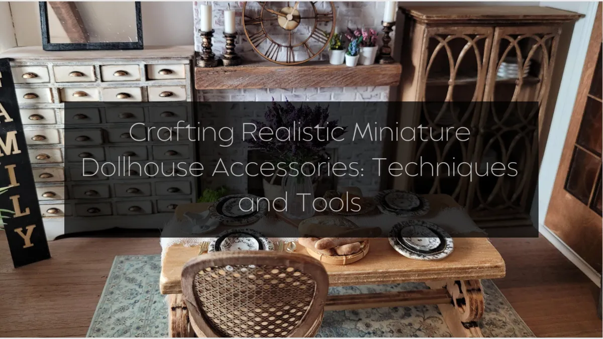 Miniature dollhouse scene with a wooden table set with plates and bread in the foreground. Background features a cabinet with drawers, a 'FAMILY' sign, a fireplace with candles and a clock, and a wooden cabinet with a glass door. Text overlay reads 'Crafting Realistic Miniature Dollhouse Accessories: Techniques and Tools
