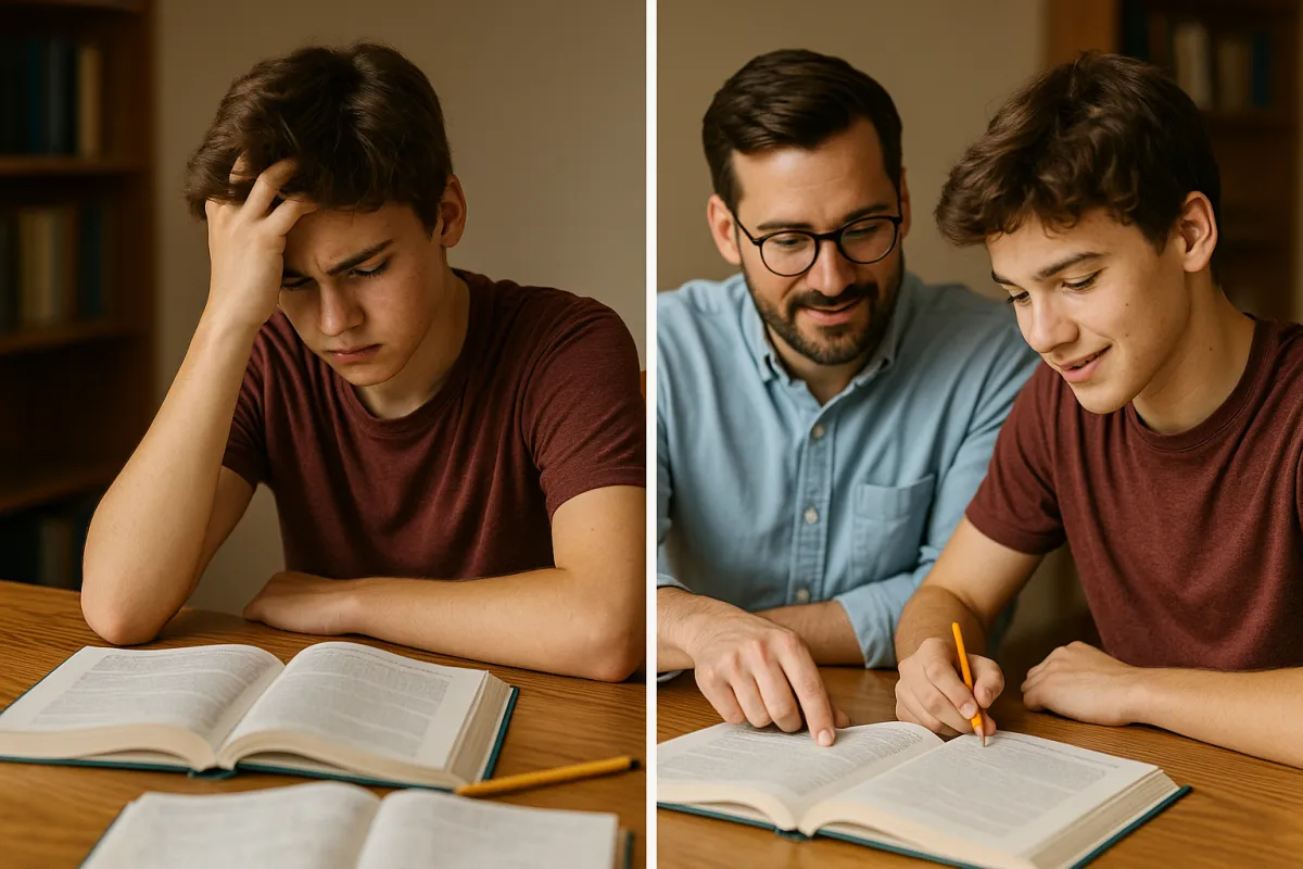 A side-by-side image showing a teen looking frustrated while studying alone on one side, and on the other side, the same teen working calmly with a tutor, symbolizing the shift from confusion to understanding with the right support.