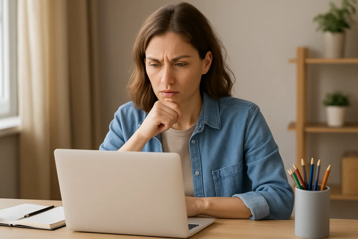 A parent sitting at a desk looking at a laptop screen, researching tutoring options for their teen or college student. The scene is calm and focused, representing the first step in the tutor search process.
