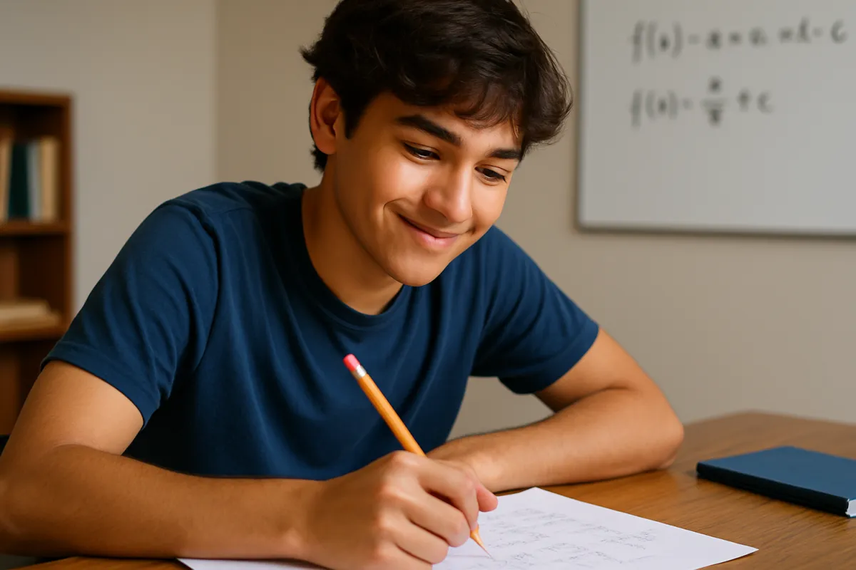 A teen student sitting at a table, smiling with confidence while working through math problems with a pencil and paper, symbolizing growing understanding and confidence in math and physics.