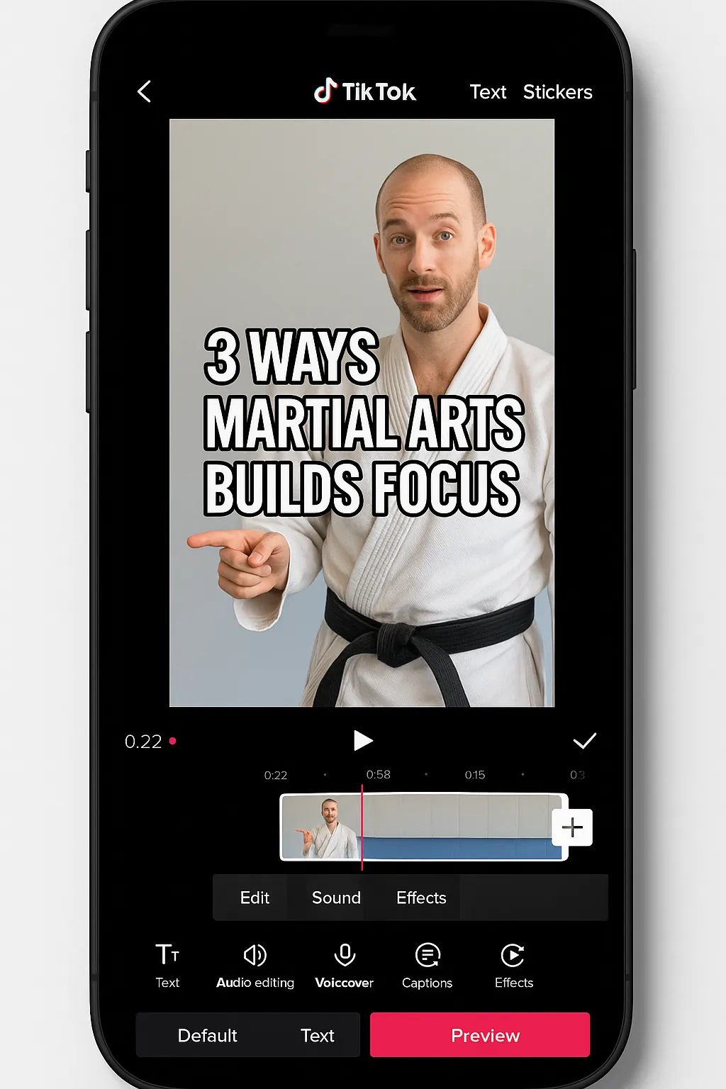 TikTok editing screen showing martial arts content being created for short-form video marketing.