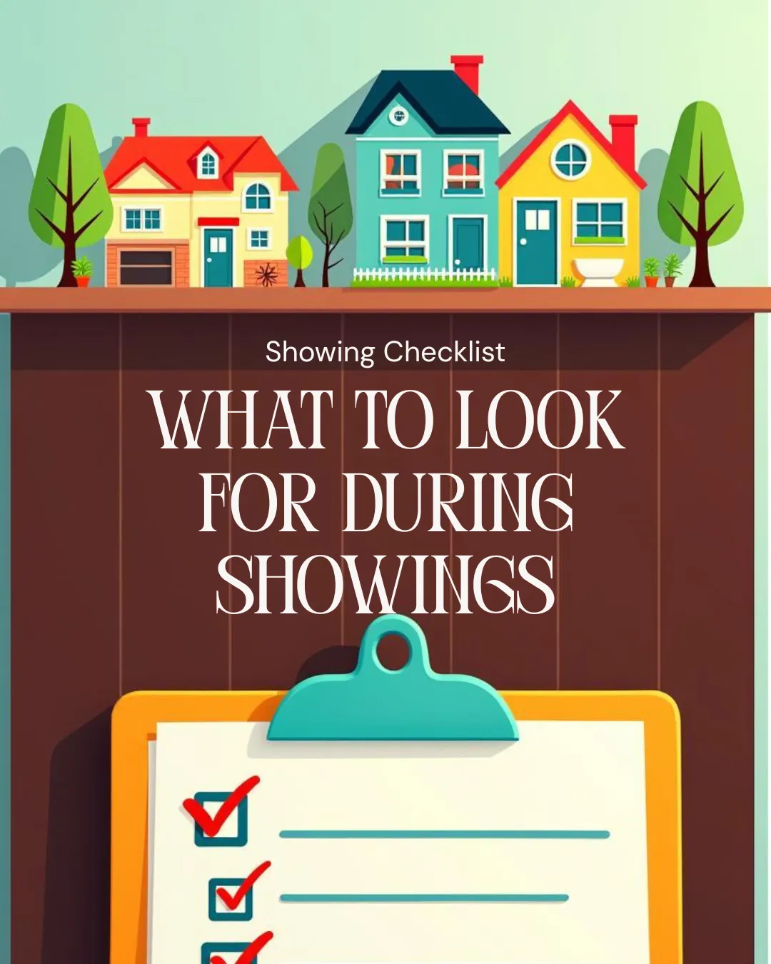 Illustration of a checklist with a house sketch in the background. The title reads: “What to Look for When Viewing a Home.” Designed for first-time homebuyers to identify key home features beyond cosmetic appeal.