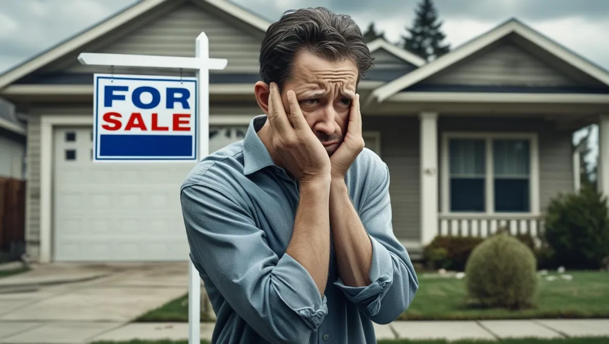 A worried man stands in front of a home with a “For Sale” sign, holding his face in frustration. The image conveys stress or regret often associated with trying to sell a home without proper support.