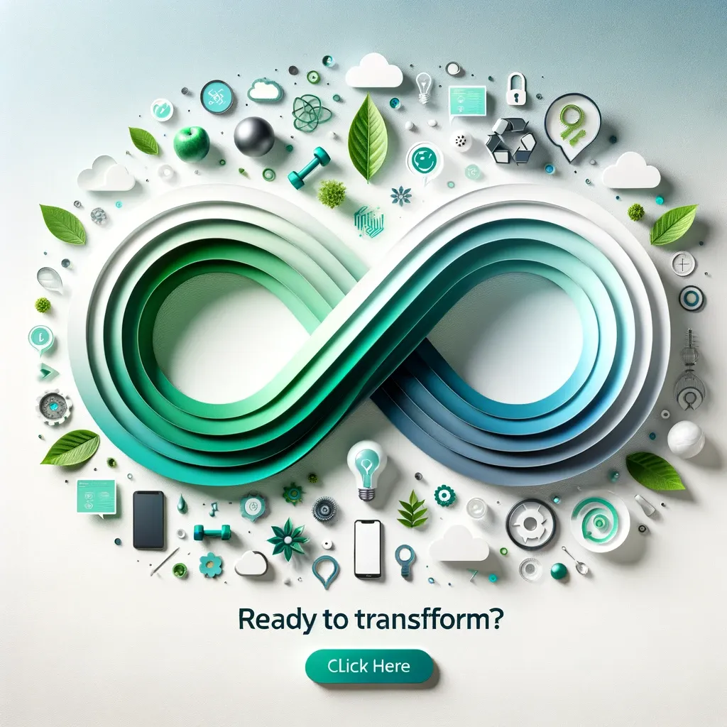 Photo of a serene white and light gray background. Dominating the center is an infinity loop with a gradient of green (health), blue (wellness), and metallic gray (technology). Surrounding the loop are small icons: a green leaf, a blue dumbbell, a metallic gray smartphone, and a light bulb. Speech bubbles or sticky notes with fun facts are next to each icon. Below the loop, in bold font is the text 'Ready to Transform?' with an arrow or 'click here' button beside it. The entire composition exudes transformation, connection, and energy.